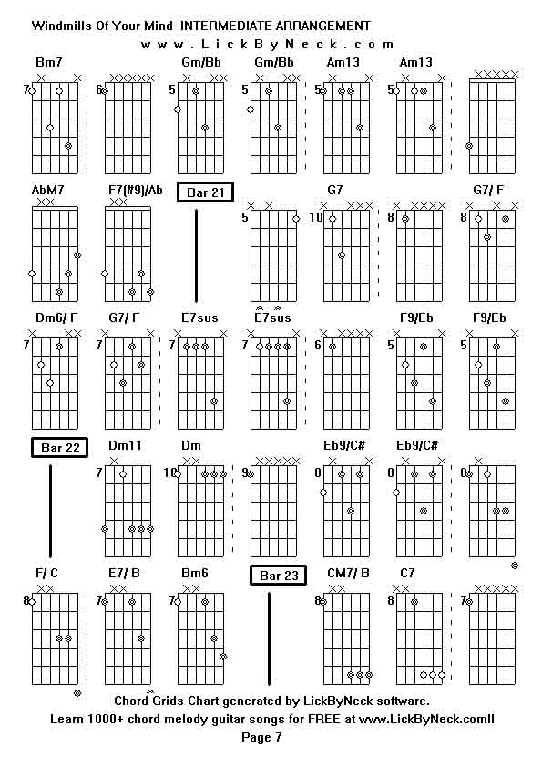 Chord Grids Chart of chord melody fingerstyle guitar song-Windmills Of Your Mind- INTERMEDIATE ARRANGEMENT,generated by LickByNeck software.